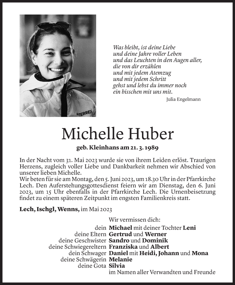  Todesanzeige für Michelle Huber vom 02.06.2023 aus Vorarlberger Nachrichten