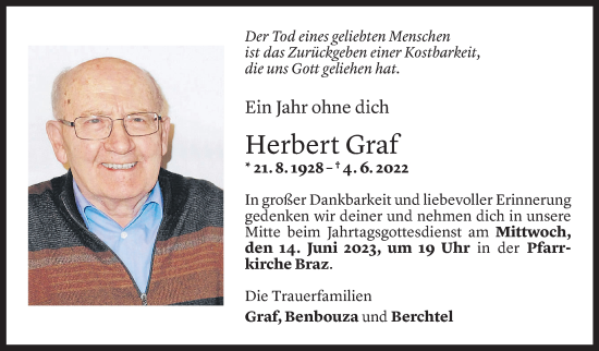 Todesanzeige von Herbert Graf von Vorarlberger Nachrichten