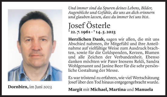 Todesanzeige von Josef Österle von Vorarlberger Nachrichten