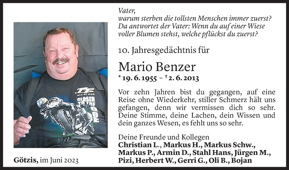  Todesanzeige für Mario Benzer vom 03.06.2023 aus Vorarlberger Nachrichten