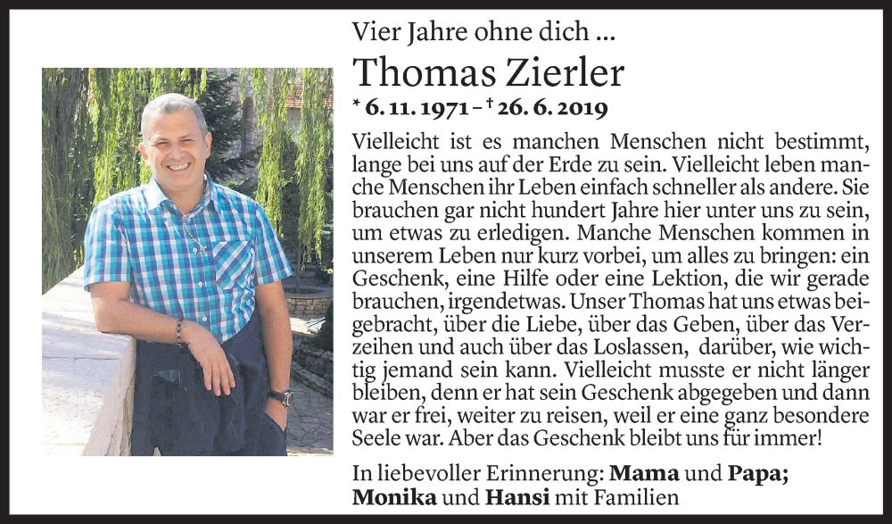  Todesanzeige für Thomas Zierler vom 23.06.2023 aus Vorarlberger Nachrichten