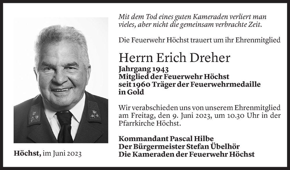  Todesanzeige für Erich Dreher vom 07.06.2023 aus Vorarlberger Nachrichten