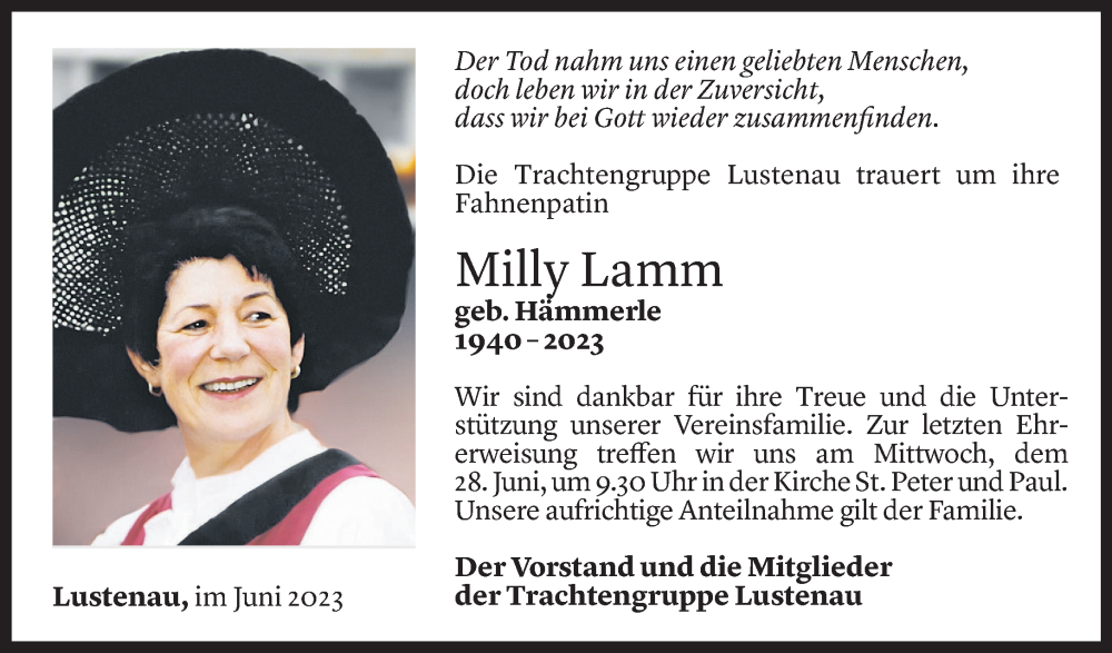  Todesanzeige für Milly Lamm vom 23.06.2023 aus Vorarlberger Nachrichten