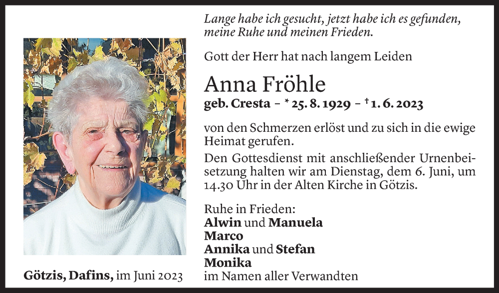  Todesanzeige für Anna Fröhle vom 03.06.2023 aus Vorarlberger Nachrichten