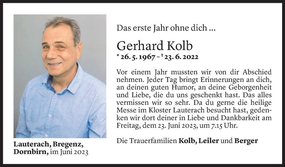 Todesanzeige für Gerhard Kolb vom 21.06.2023 aus Vorarlberger Nachrichten