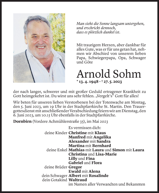 Todesanzeige von Arnold Sohm von Vorarlberger Nachrichten