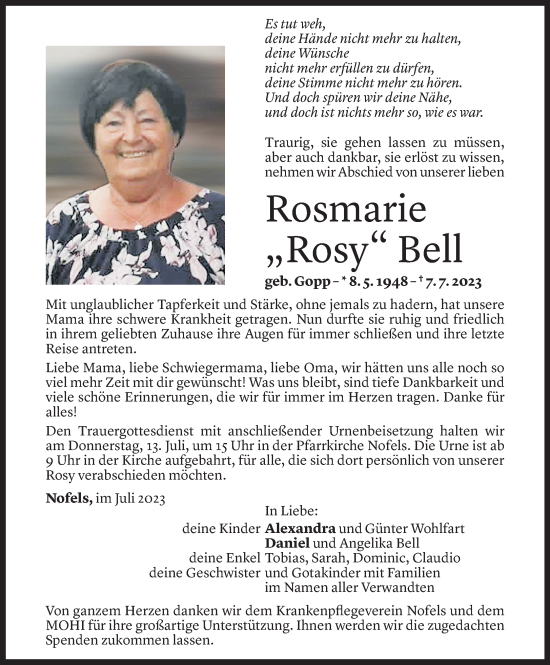 Todesanzeige von Rosmarie Bell von Vorarlberger Nachrichten