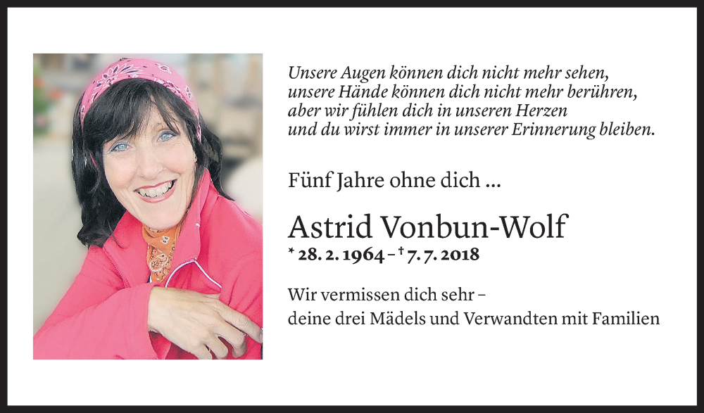  Todesanzeige für Astrid Vonbun-Wolf vom 07.07.2023 aus Vorarlberger Nachrichten
