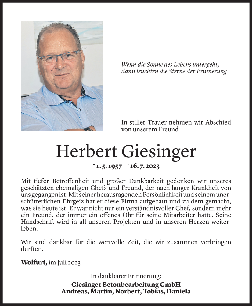  Todesanzeige für Herbert Giesinger vom 20.07.2023 aus Vorarlberger Nachrichten