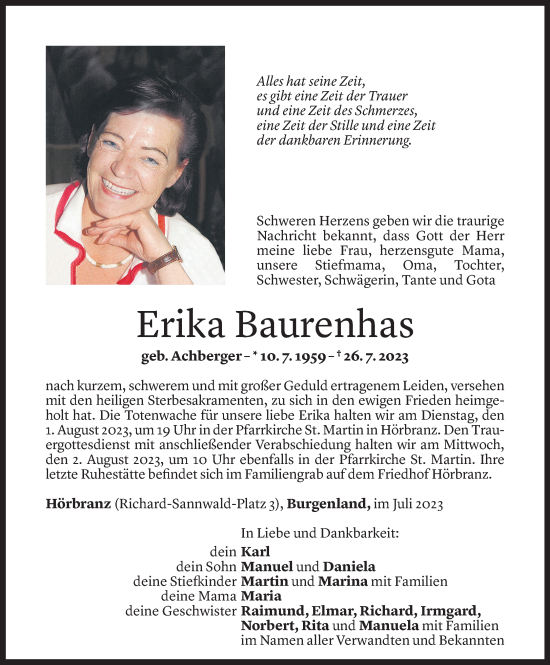 Todesanzeige von Erika Baurenhas von Vorarlberger Nachrichten