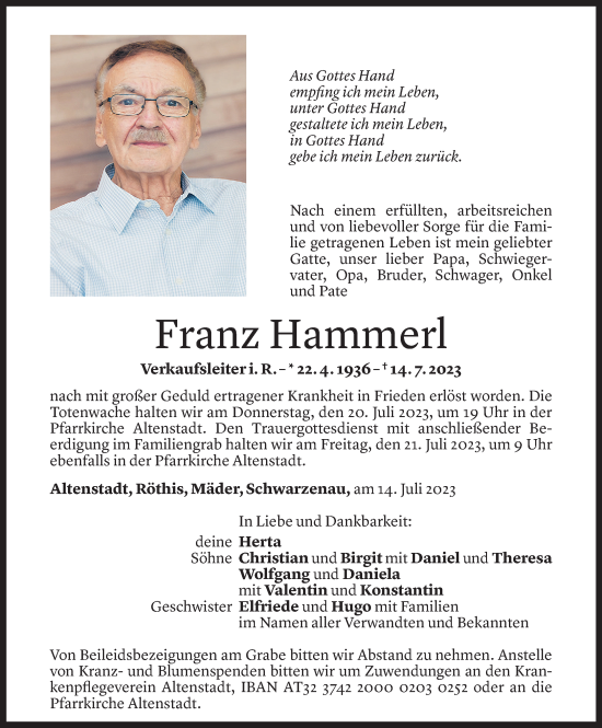 Todesanzeige von Franz Hammerl von Vorarlberger Nachrichten