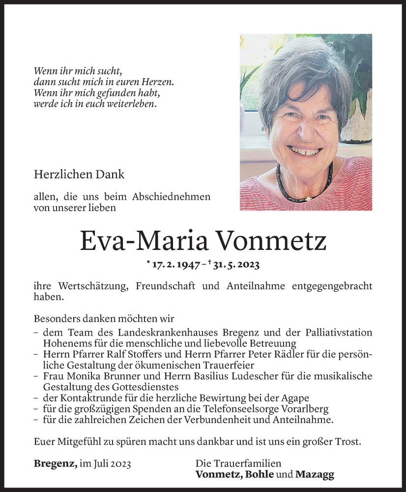  Todesanzeige für Eva-Maria Vonmetz vom 15.07.2023 aus Vorarlberger Nachrichten