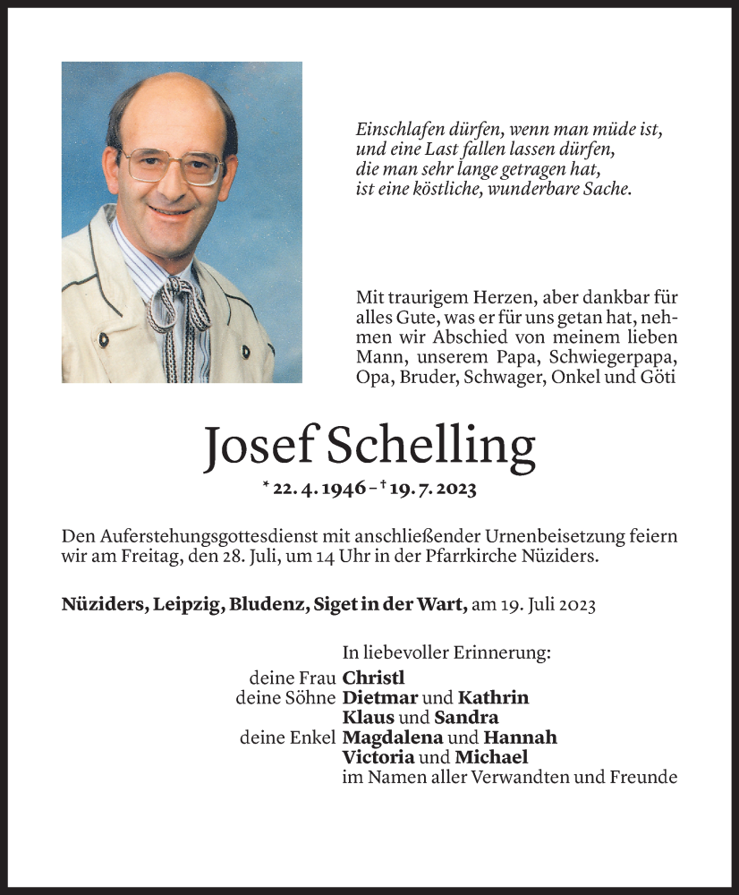 Todesanzeigen von Josef Schelling | Todesanzeigen Vorarlberger Nachrichten