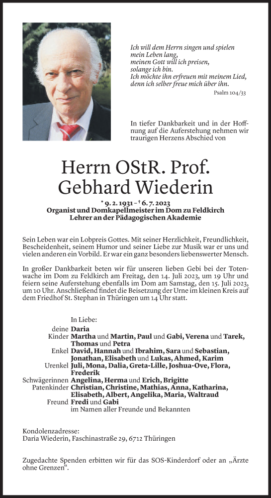  Todesanzeige für Gebhard Wiederin vom 09.07.2023 aus Vorarlberger Nachrichten