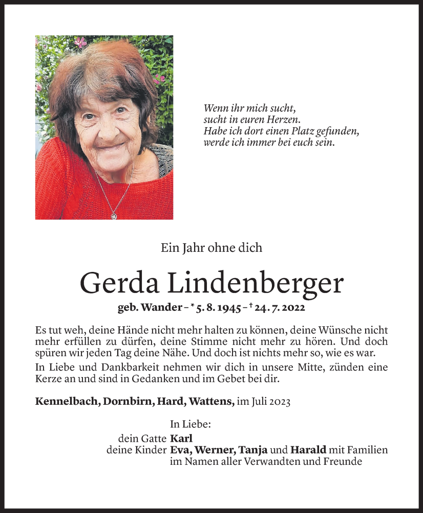  Todesanzeige für Gerda Lindenberger vom 21.07.2023 aus Vorarlberger Nachrichten