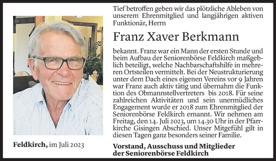 Todesanzeige von Xaver Berkmann von Vorarlberger Nachrichten