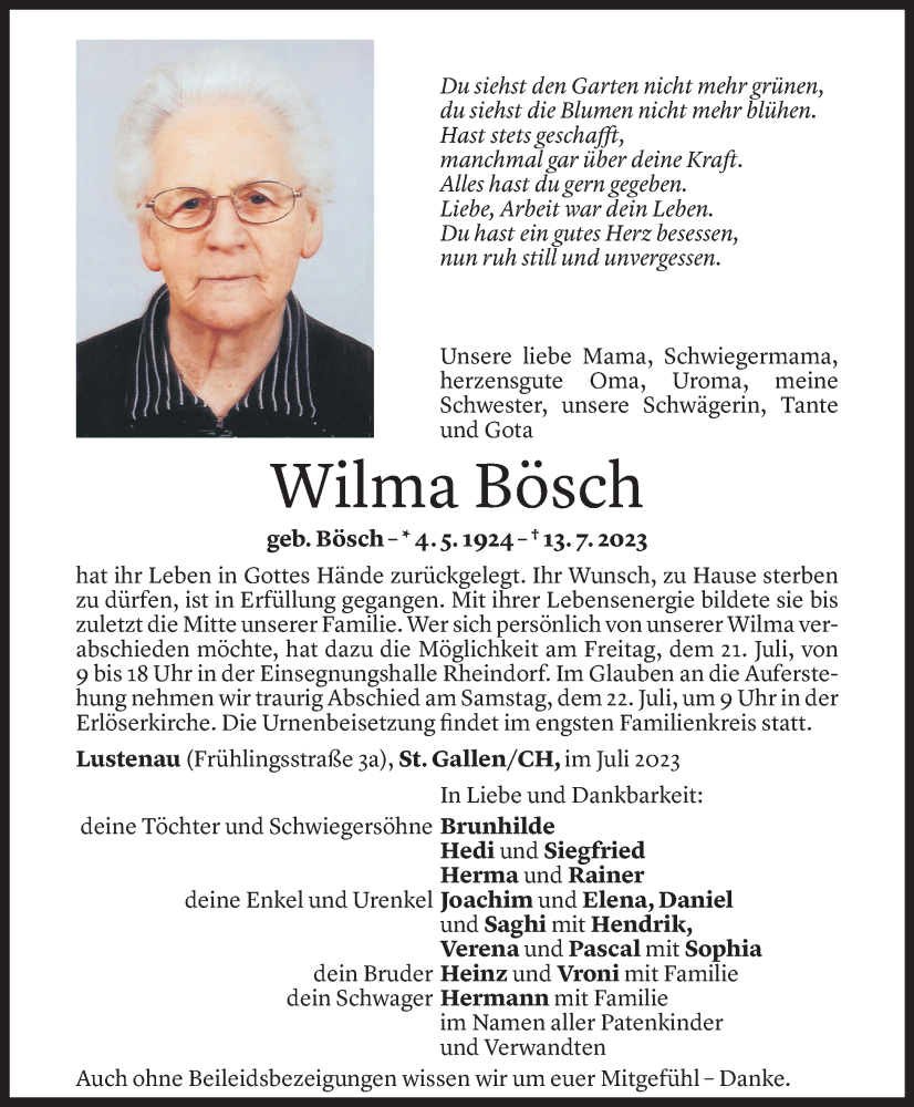  Todesanzeige für Wilma Bösch vom 20.07.2023 aus Vorarlberger Nachrichten