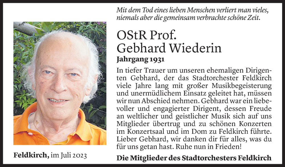  Todesanzeige für Gebhard Wiederin vom 15.07.2023 aus Vorarlberger Nachrichten