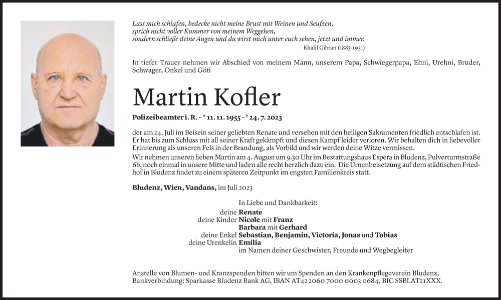  Todesanzeige für Martin Kofler vom 29.07.2023 aus Vorarlberger Nachrichten