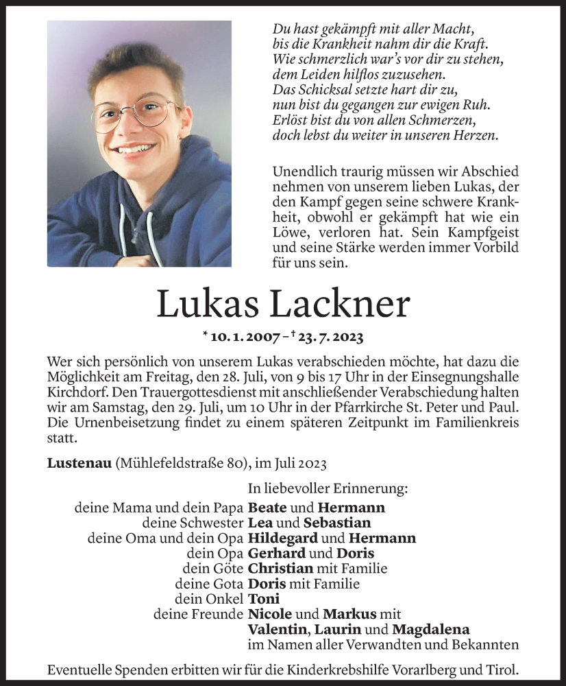 Todesanzeigen Von Lukas Lackner Todesanzeigen Vorarlberger Nachrichten