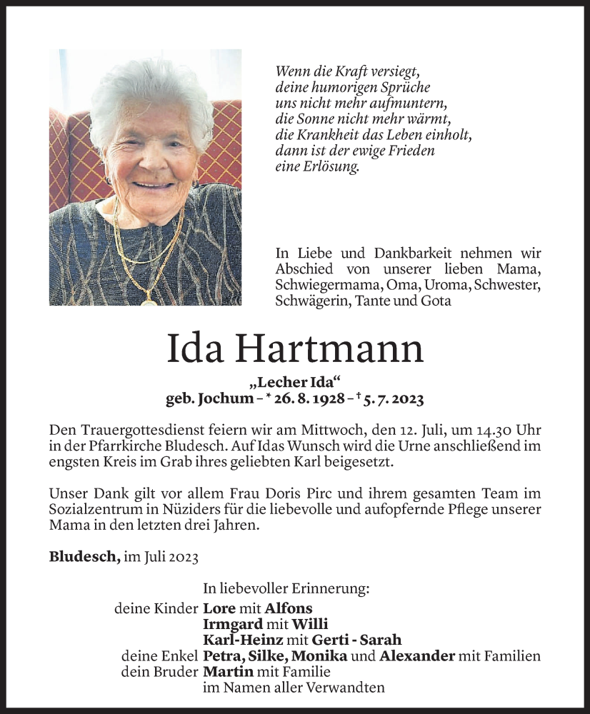 Todesanzeigen von Ida Hartmann | Todesanzeigen Vorarlberger Nachrichten