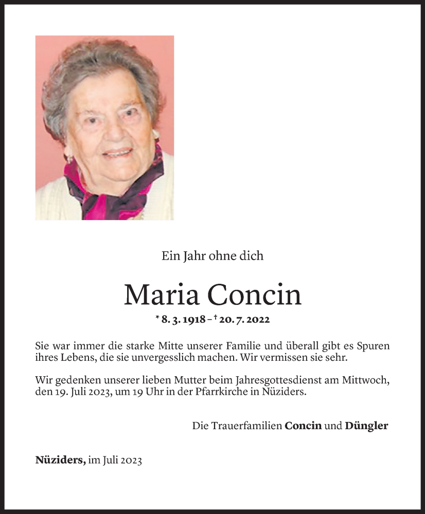  Todesanzeige für Maria Concin vom 18.07.2023 aus Vorarlberger Nachrichten