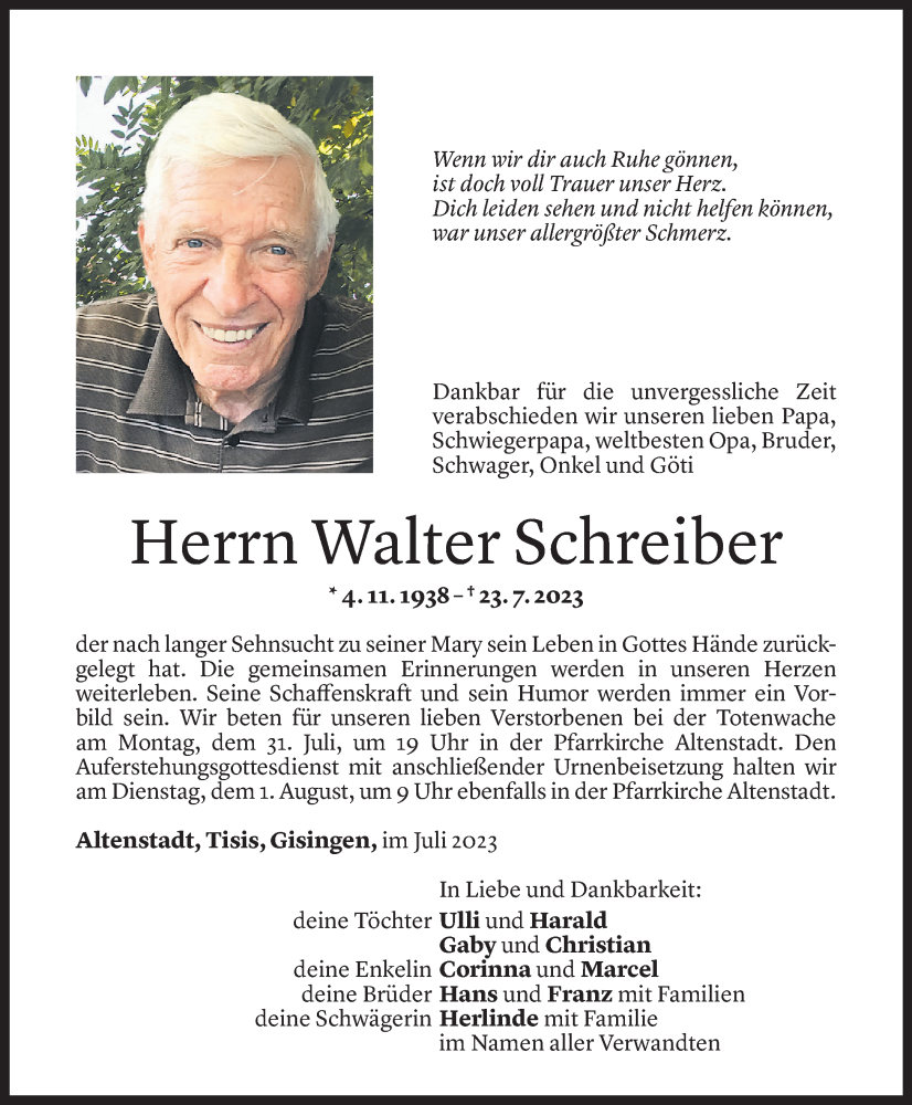  Todesanzeige für Walter Schreiber vom 28.07.2023 aus Vorarlberger Nachrichten