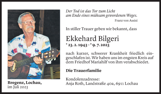 Todesanzeige von Ekkehard Bilgeri von Vorarlberger Nachrichten
