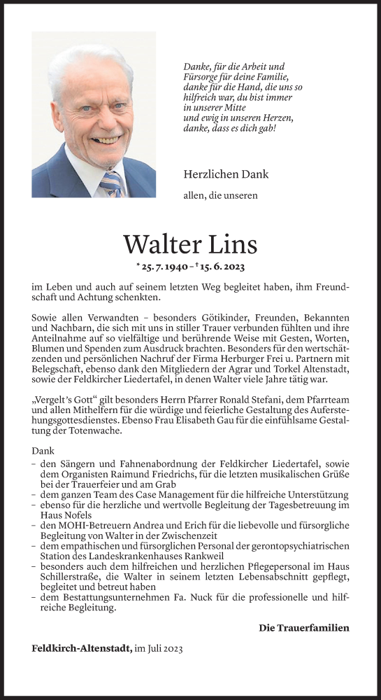 Todesanzeige von Walter Lins von Vorarlberger Nachrichten