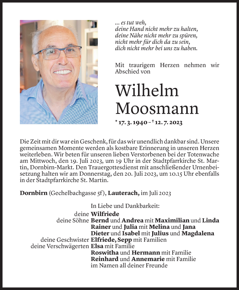  Todesanzeige für Wilhelm Moosmann vom 14.07.2023 aus Vorarlberger Nachrichten