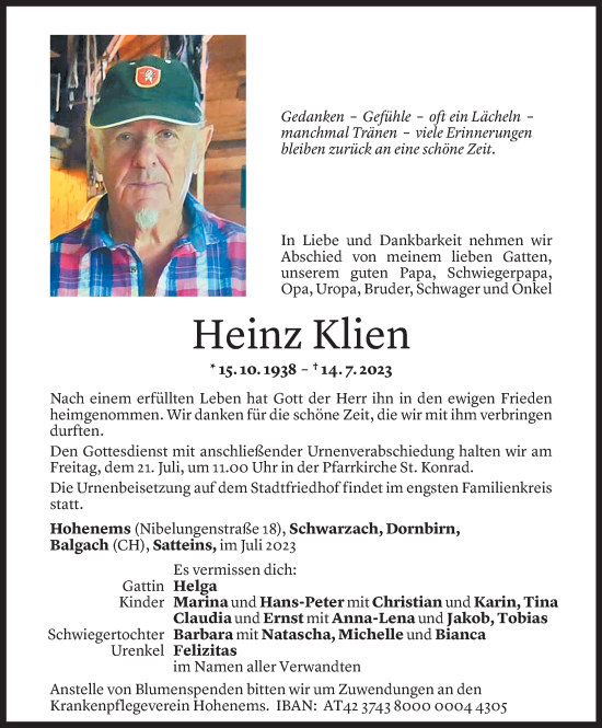 Todesanzeigen Von Heinz Klien Todesanzeigen Vorarlberger Nachrichten