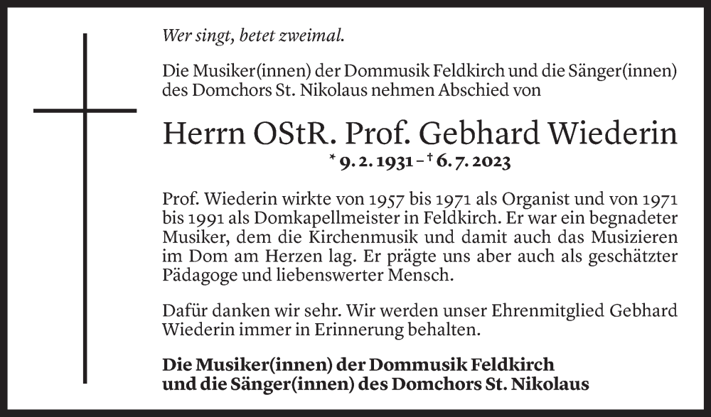  Todesanzeige für Gebhard Wiederin vom 13.07.2023 aus Vorarlberger Nachrichten