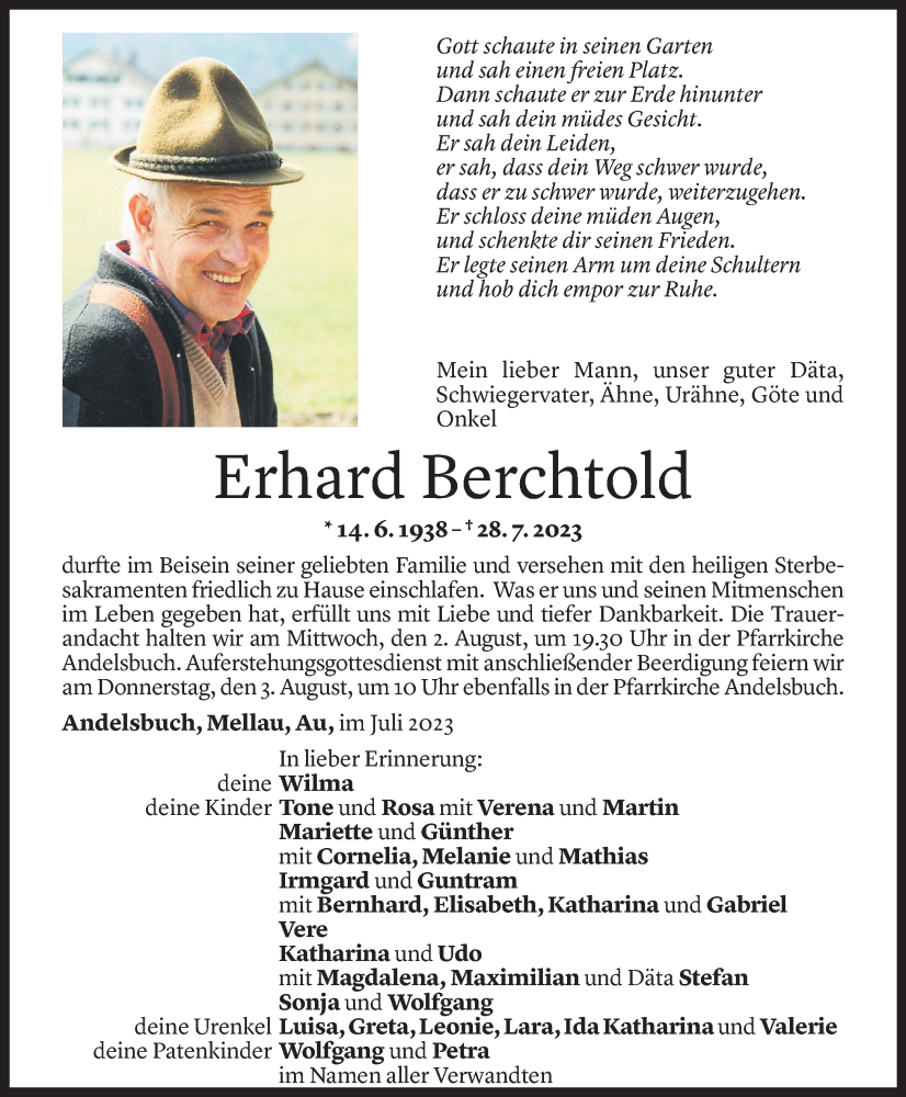  Todesanzeige für Erhard Berchtold vom 31.07.2023 aus Vorarlberger Nachrichten