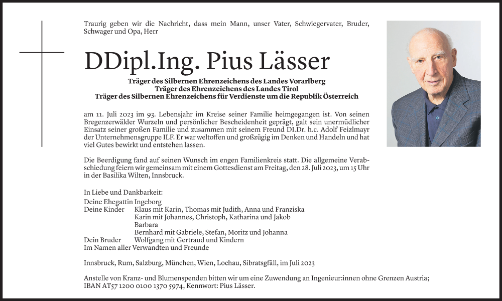  Todesanzeige für Pius Lässer vom 15.07.2023 aus Vorarlberger Nachrichten