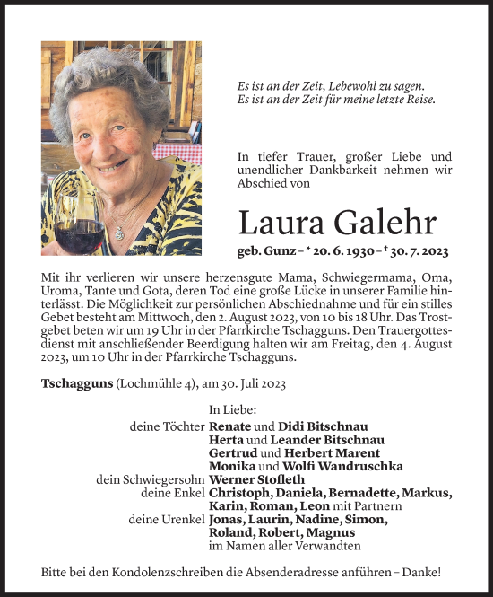 Todesanzeige von Laura Galehr von Vorarlberger Nachrichten