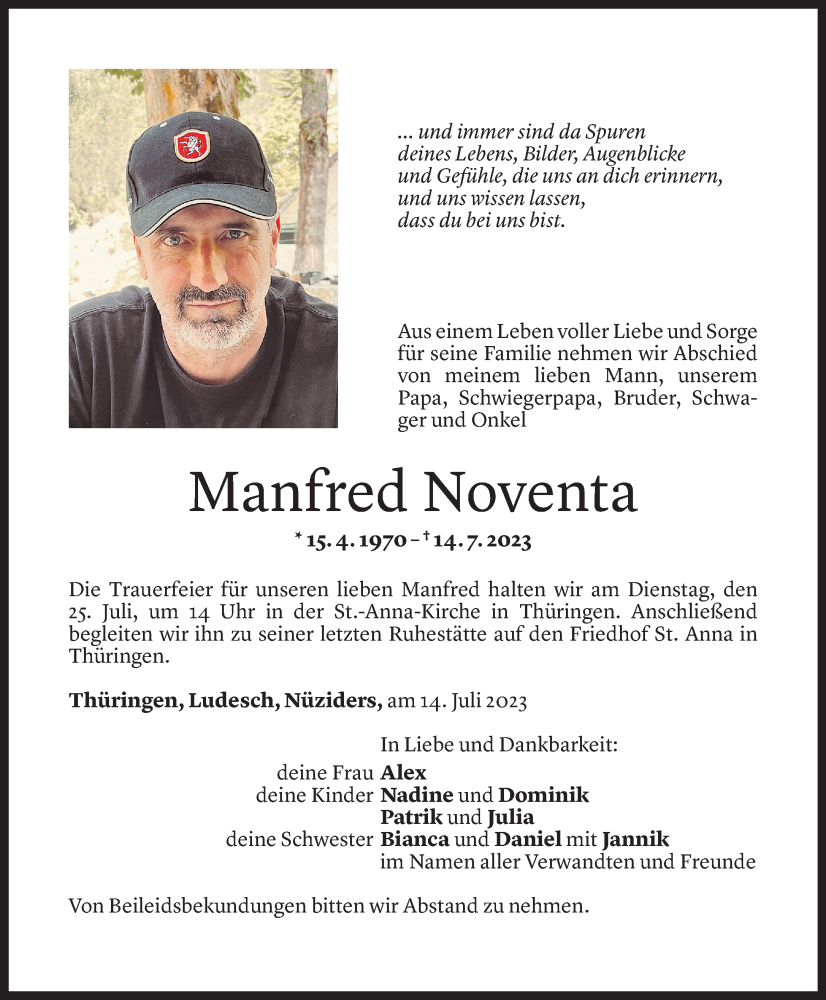  Todesanzeige für Manfred Noventa vom 18.07.2023 aus Vorarlberger Nachrichten