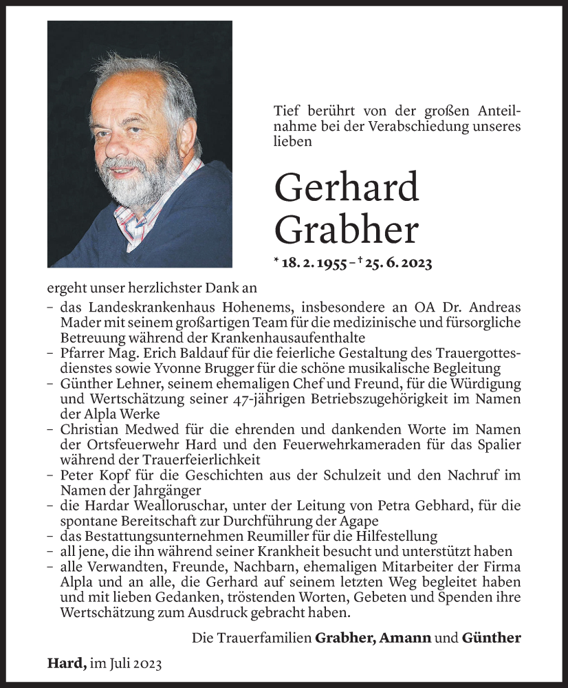  Todesanzeige für Gerhard Grabher vom 28.07.2023 aus Vorarlberger Nachrichten