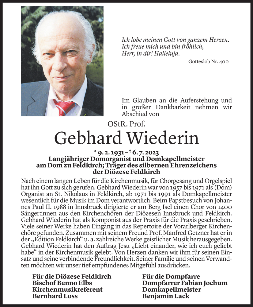  Todesanzeige für Gebhard Wiederin vom 13.07.2023 aus Vorarlberger Nachrichten