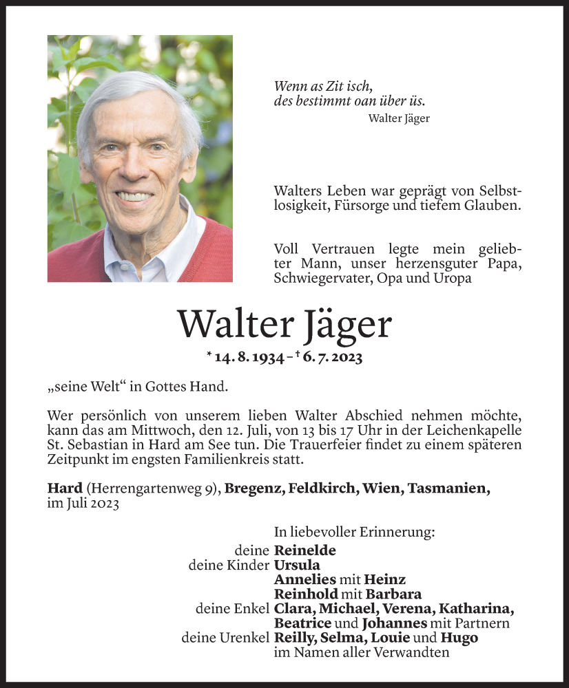  Todesanzeige für Walter Jäger vom 07.07.2023 aus Vorarlberger Nachrichten