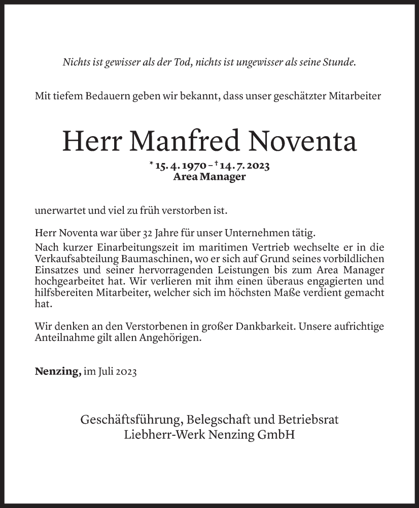  Todesanzeige für Manfred Noventa vom 19.07.2023 aus Vorarlberger Nachrichten
