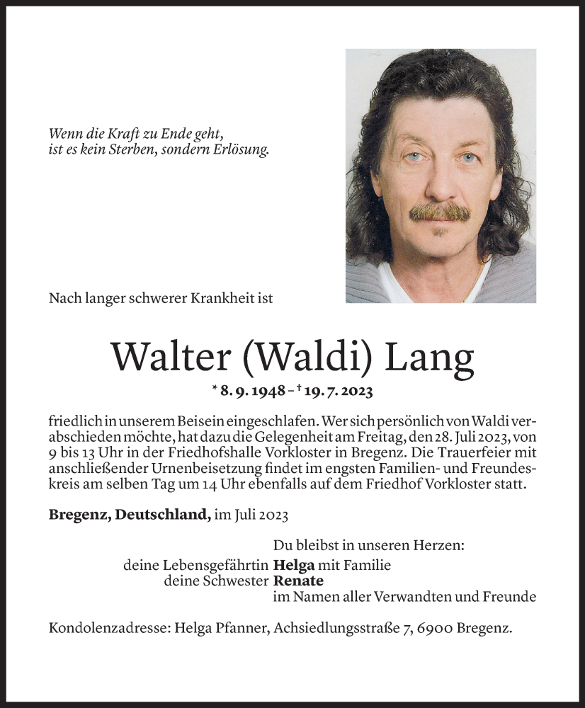  Todesanzeige für Walter Lang vom 25.07.2023 aus Vorarlberger Nachrichten