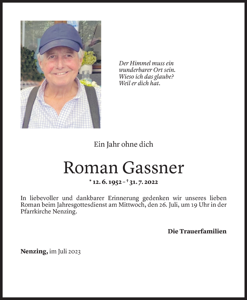  Todesanzeige für Roman Gassner vom 23.07.2023 aus Vorarlberger Nachrichten