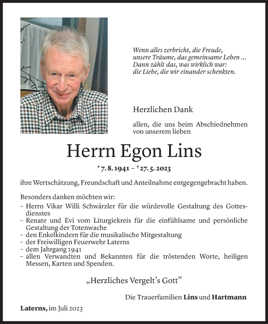 Todesanzeige von Egon Lins von Vorarlberger Nachrichten