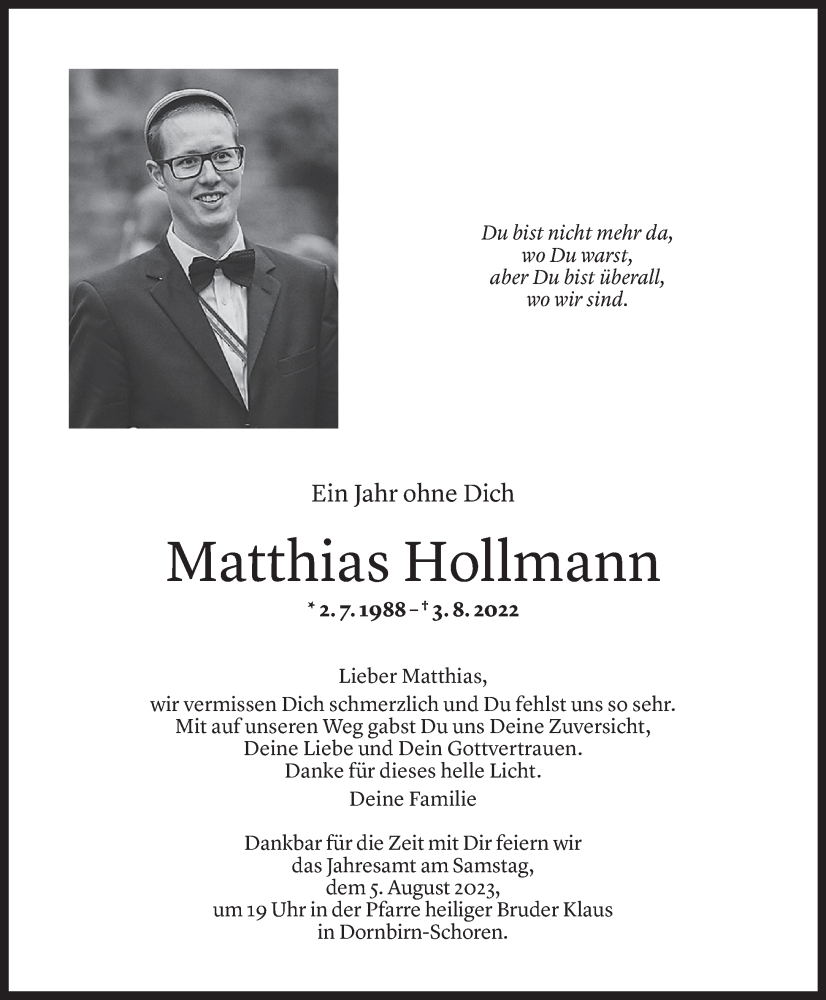  Todesanzeige für Matthias Hollmann vom 01.08.2023 aus Vorarlberger Nachrichten
