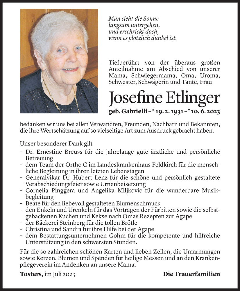  Todesanzeige für Josefine Etlinger vom 20.07.2023 aus Vorarlberger Nachrichten