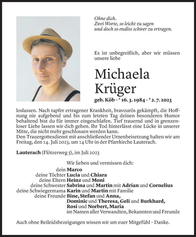 Todesanzeige für Michaela Krüger vom 08.07.2023 aus Vorarlberger Nachrichten