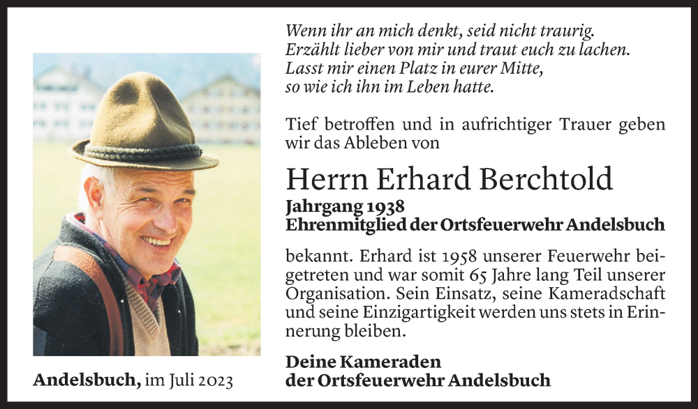  Todesanzeige für Erhard Berchtold vom 31.07.2023 aus Vorarlberger Nachrichten