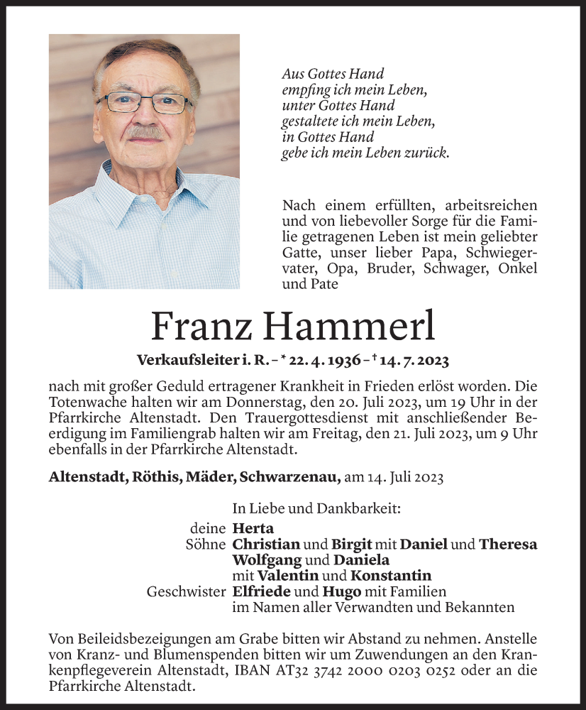  Todesanzeige für Franz Hammerl vom 18.07.2023 aus Vorarlberger Nachrichten