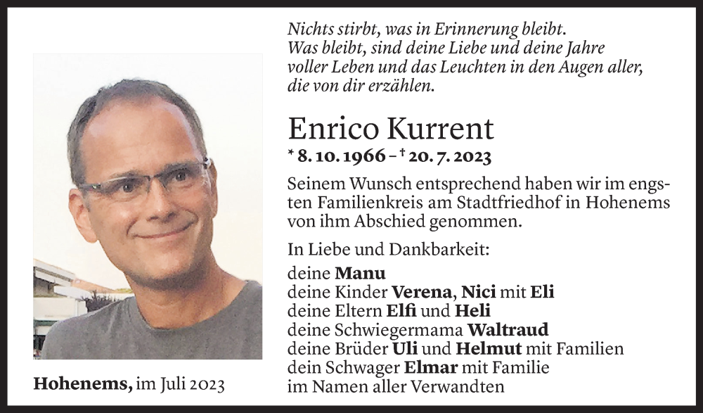  Todesanzeige für Enrico  Kurrent vom 29.07.2023 aus Vorarlberger Nachrichten