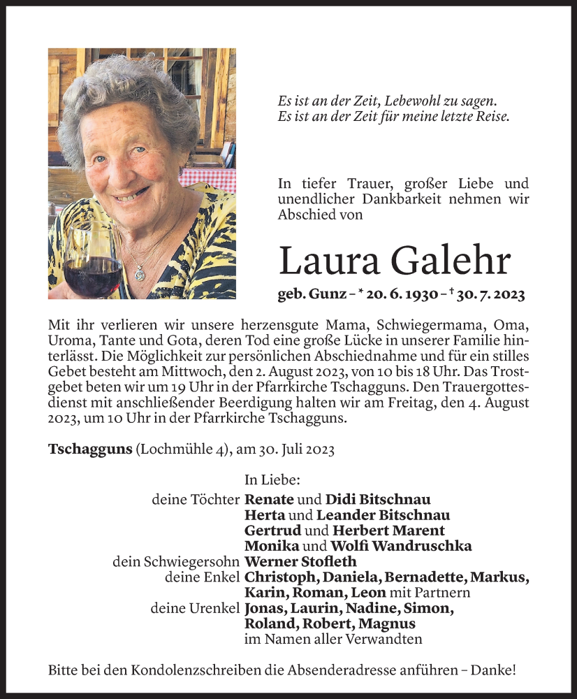  Todesanzeige für Laura Galehr vom 01.08.2023 aus Vorarlberger Nachrichten